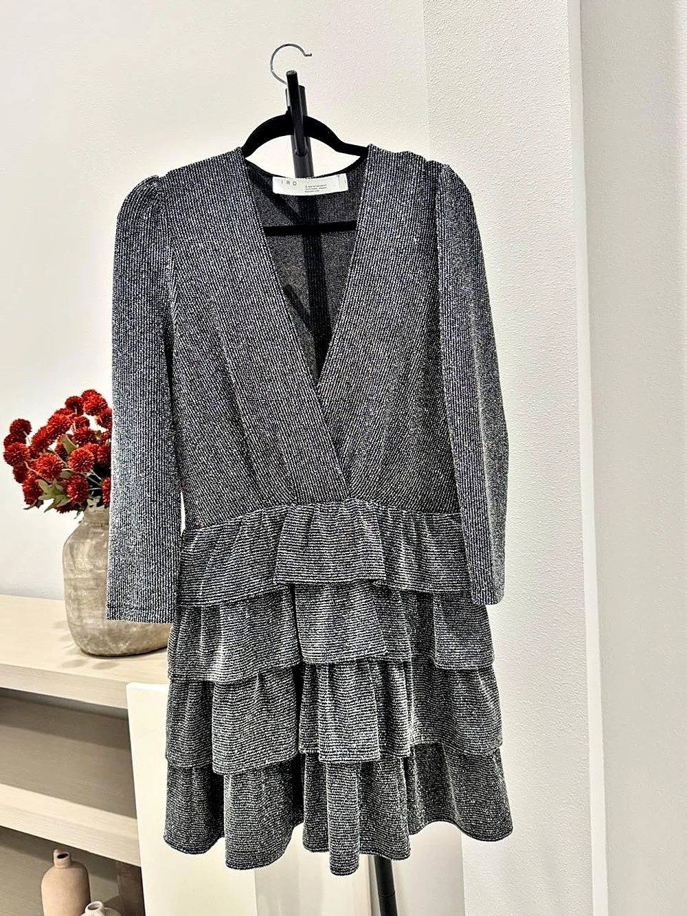 IRO Gray Geometric Tiered Mini Dress